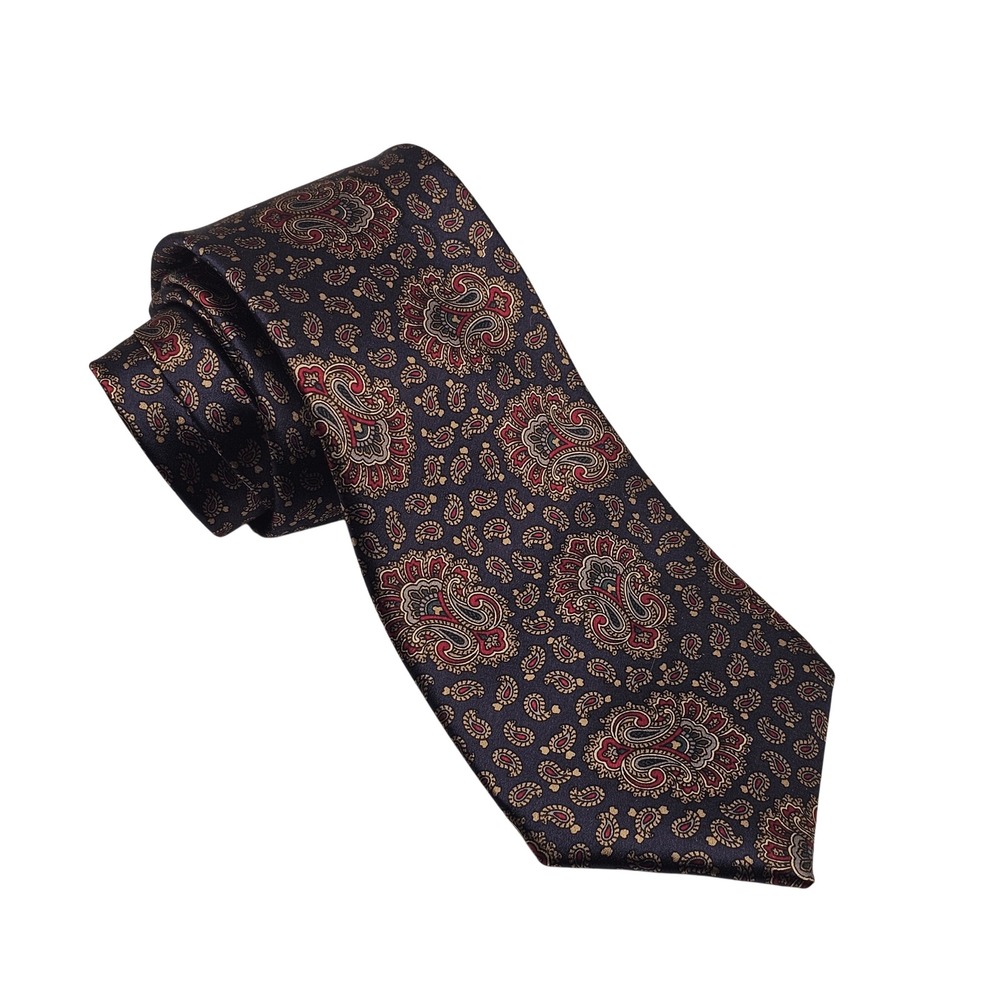 Oscar de la Renta Couture Silk Tie Navy Blue Red Paisley Dark Academia Formal